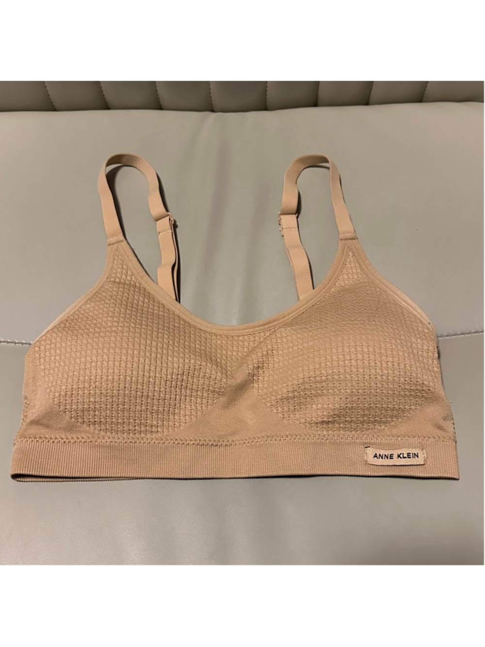 Anne Klein Women’s Sports Bra Tan Size M Waffle Knit Front Smooth Back